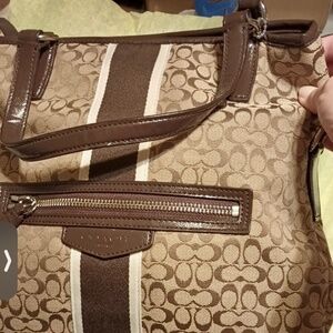 Coach EUC Signature Strip Tan Brown Fold Over Shoulder Cross Body Handbag Purse